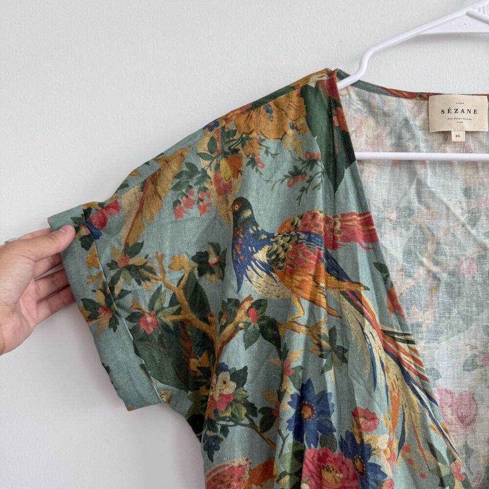 Sezane Tropical Floral Midi Wrap Dress Linen Hawaiian Birds Sz 40 (US 8) Classic - Picture 3 of 12